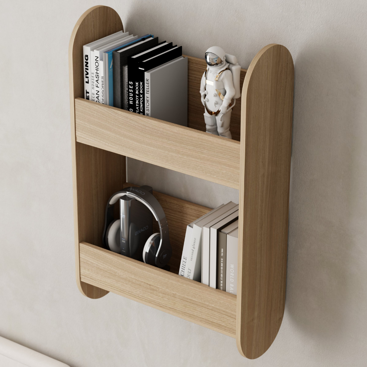 Children's wooden nursery bookshelf with two tiers